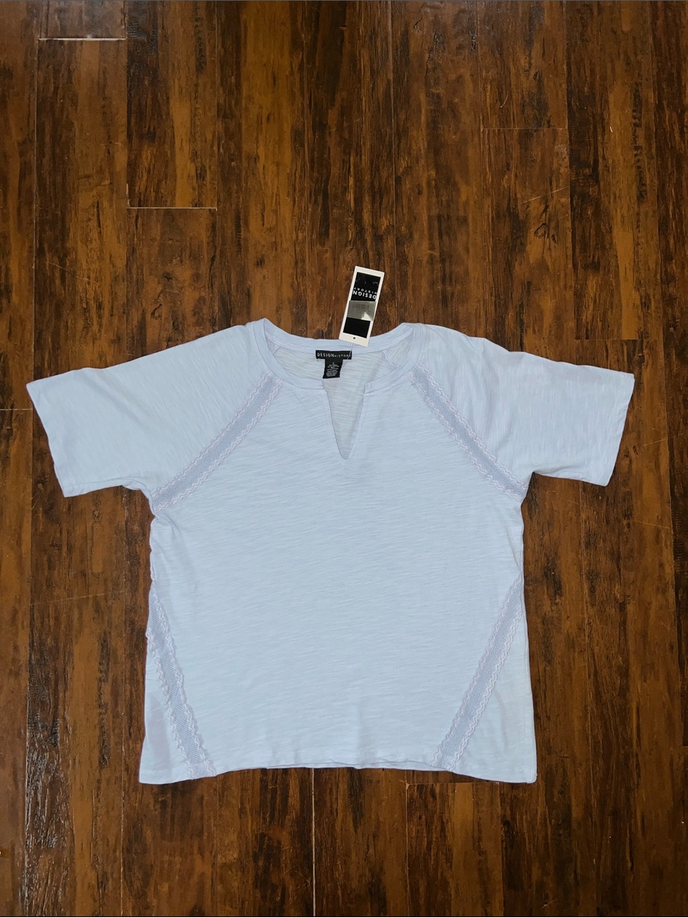 NWT Design History Light Blue Short Sleeve V Neck Tee with Lace Insets Size L